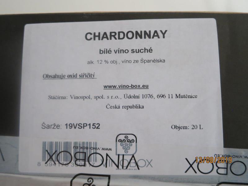 CHARDONNAY, bílé víno suché, alk. 12% obj., víno ze Španělska, č.š.: 19VSP152