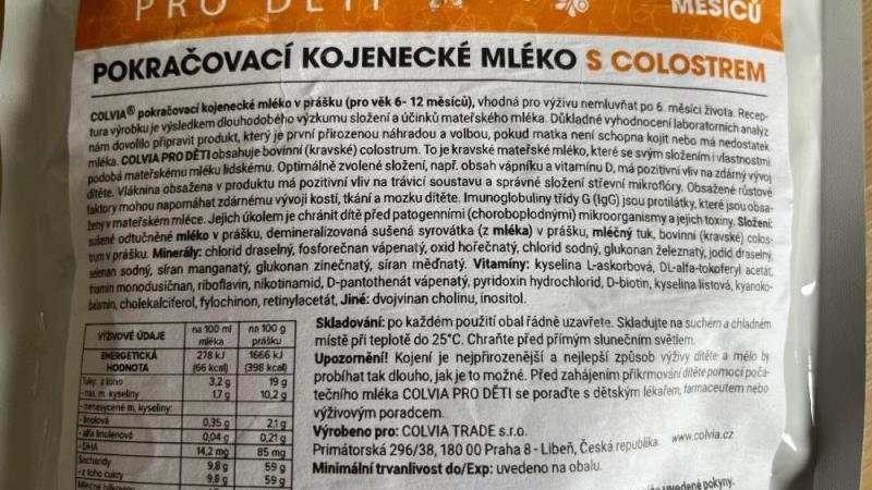 COLVIA PRO DĚTI 6-12 MĚSÍCŮ POKRAČOVACÍ KOJENECKÉ MLÉKO S COLOSTREM