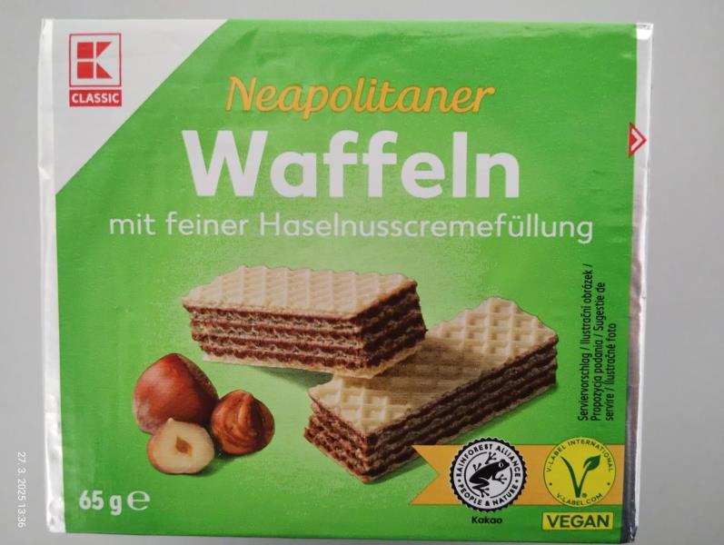 K CLASSIC Neapolitaner Waffeln mit feiner Haselnusscremefüllung, Oplatky s náplní (79%) s lískovými oříšky