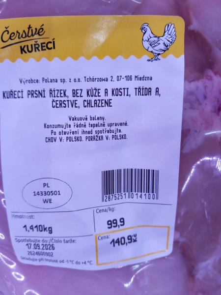 KUŘECÍ PRSNÍ ŘÍZEK, BEZ KŮŽE A KOSTI, TRÍDA JAKSOTI A, ČERSTVÉ, CHLAZENÉ